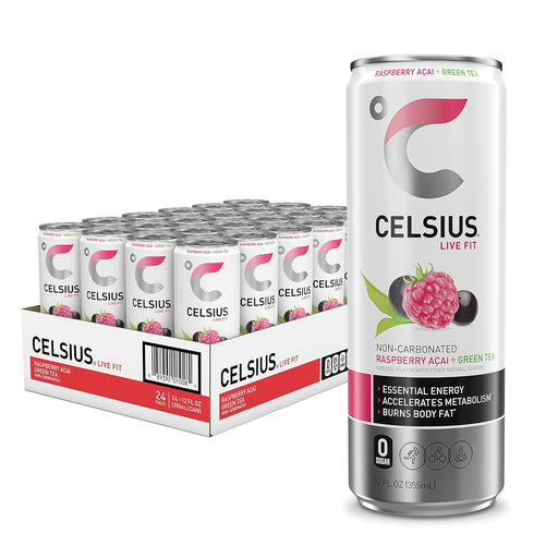 CELSIUS Raspberry Acai Green Tea, Functional Essential Energy Drink, 12 Fl Oz (Pack of 24)